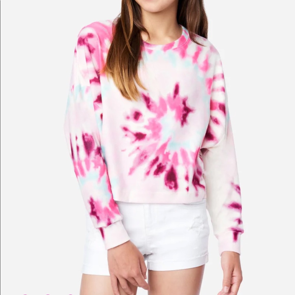 Justice Girls Lightweight Tie-Dye Hacci Cropped Pullover Pink White Sm 7/8 NWT